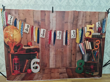 RUSTIC SCHOOL MATH THEME WITH NUMBERS AND BOOKS - PRINTED BACKDROP