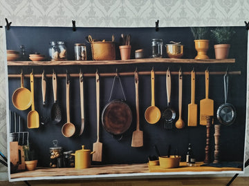 MODERN KITCHEN UTENSILS WALL WITH WOODEN TOOLS - PRINTED BACKDROP