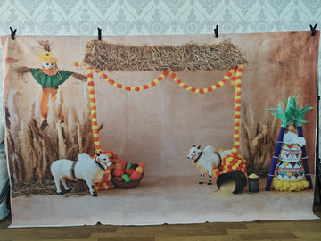 RUSTIC VILLAGE FARM SETUP WITH CATTLE AND SCARECROW - PRINTED BACKDROP